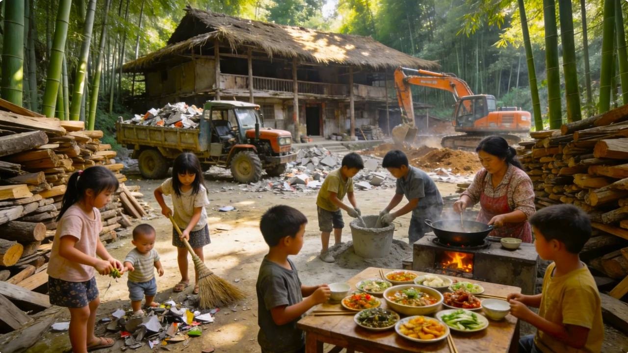 【一家七口隐居深山】五个孩子分工帮妈妈改造新房，妈妈在旁边漏出欣慰的笑容，并为孩子们准备午饭！#农村生活#vlog#山居生活