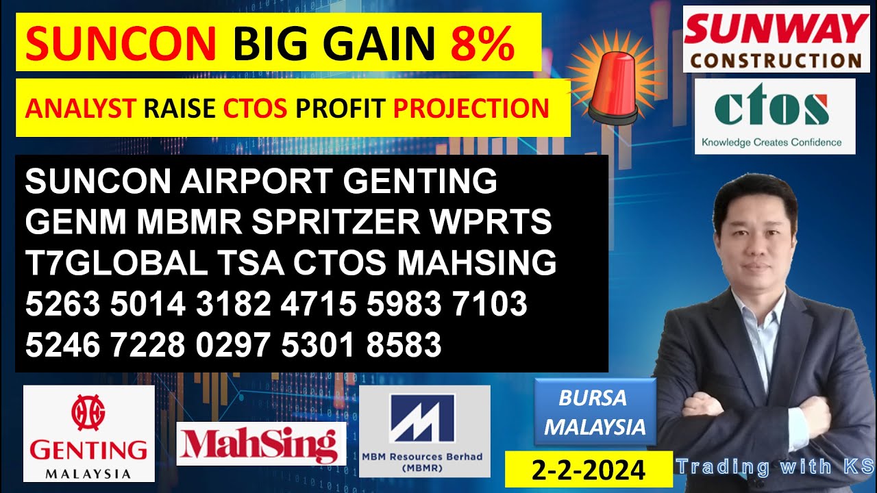 Daily KLSE BURSA UPDATE - 2-2-2024💥SUNCON BIG GAIN 8% 💥ANALYST RAISE CTOS  PROFIT PROJECTION 💥 SUNCON