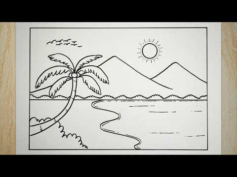 Cara menggambar pemandangan gunung dan pantai yang mudah
