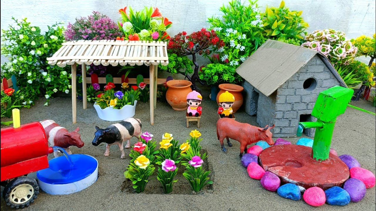 Diy how to make cow shed | house of animals | horse house - Cow shed | mini hand pump @Creator villa