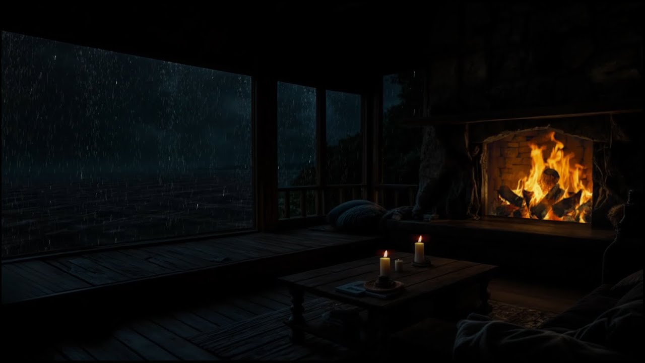 Heavy Ocean Rain & Rolling Thunder 🌊 Crackling Fireplace in a Quiet Beach Cabin for Sleep