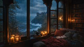 Reading Nook by a Rain-Soaked Window | Tea, Book & Warm Candlelight | Dark Academia Seaside Ambience screenshot 1