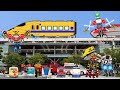 踏切アニメ 合体して増えて行進するふみきりカンカンと新幹線、消防車、救急車 Railroad Crossing and train fumikiri