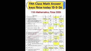 11th Class Math Answer keys today Federal Board| fbise 1st Year Math MCQs 2026 #fbise #mcqs #11math