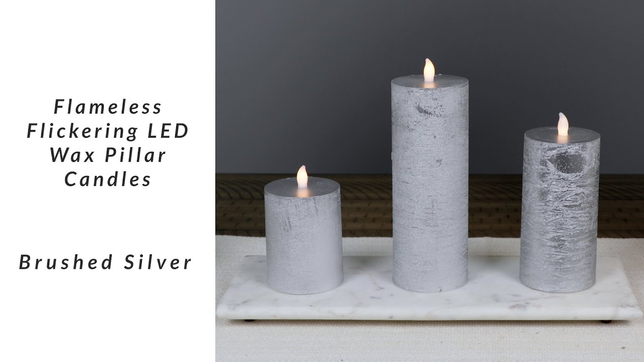 Flameless Flickering LED Wax Pillar Candles - 8" - Brushed Silver - Set ...