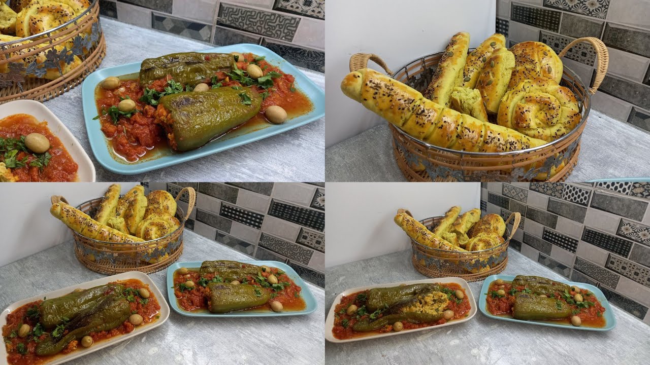 فلفل محشي في الفرن مع خبز مبسس يامي على البنة