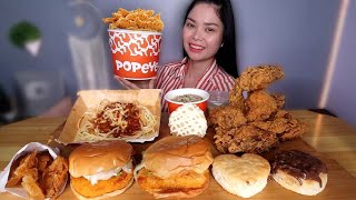 POPEYES MUKBANG | fried chicken, spaghetti, burgers, onion rings and biscuits