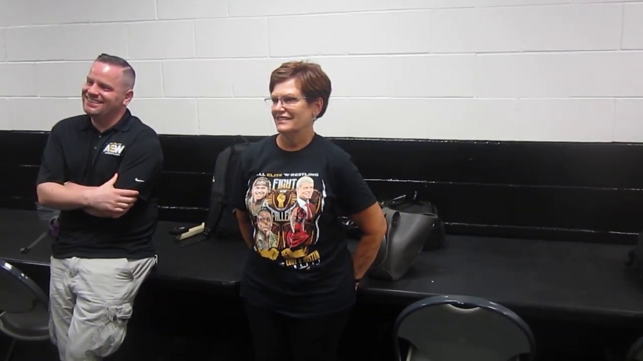 Cody Rhodes (with mom watching) in a media Q&A after AEW Fight for the Fallen in Jacksonville