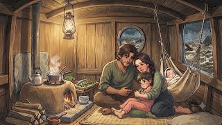 Surviving the Flood Inside a Wooden Cabin Boat 🌧️ | Cozy Cooking & Family Survival | Ghibli Style
