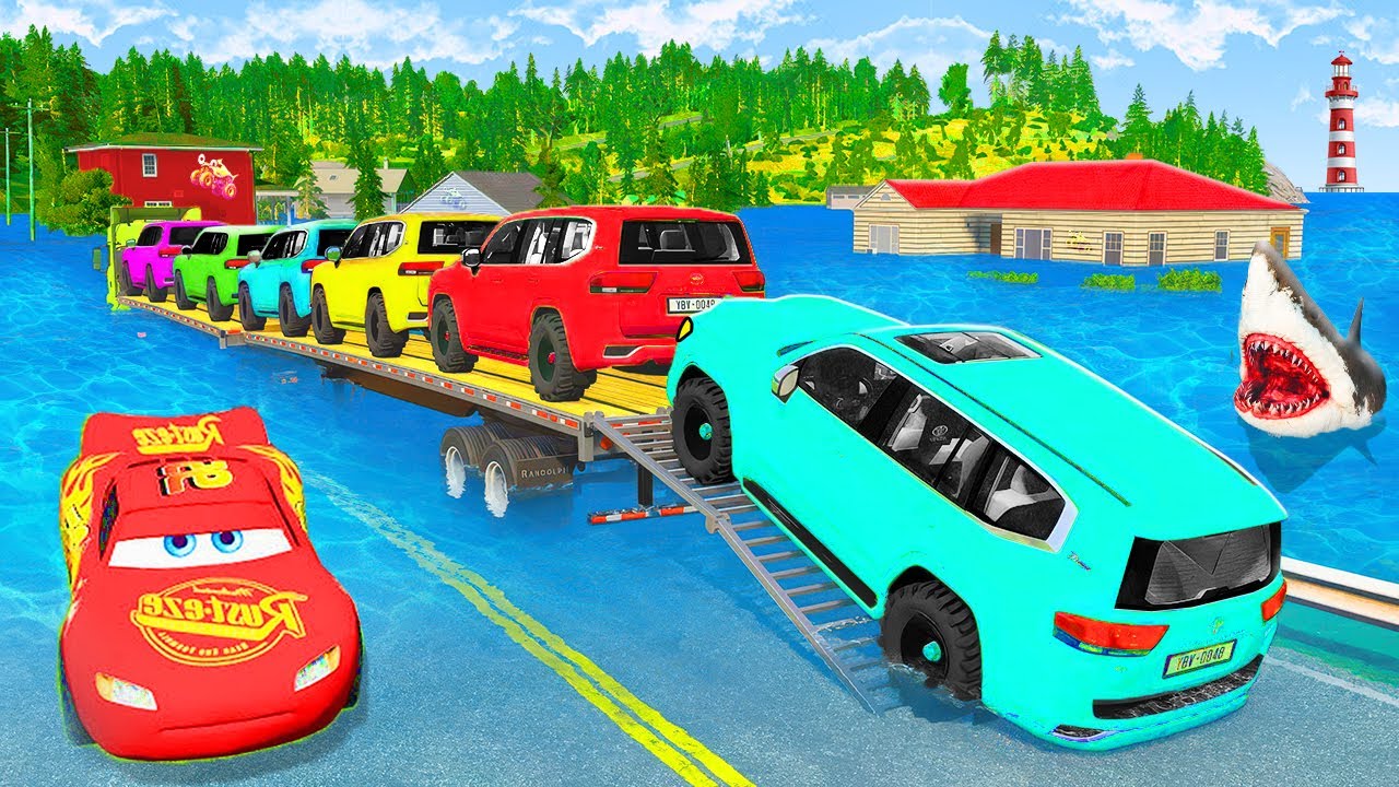 Triple Flatbed Trailer Truck vs Speedbumps vs Cars vs Train | BeamNG #17 🏁