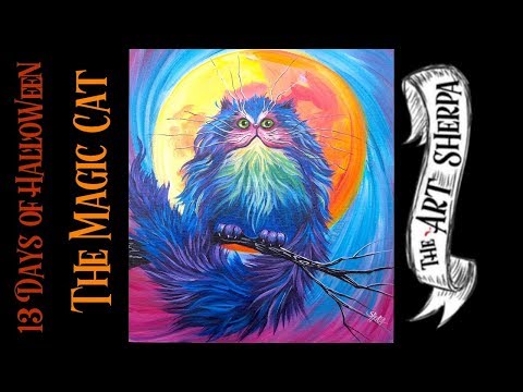 Easy Magical Fluffy Cat with full moon Easy Acrylic painting step by step #13daysofHalloween
