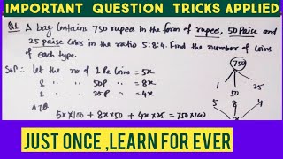 a bag contains 750 rupees in the form of rupees,50 paise and 25 paise coins in the ratio 5:8:4.Find