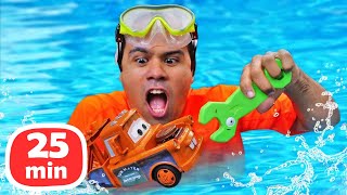 Vamos salvar o Mater da piscina! História infantil com Relâmpago Mcqueen e brinquedos em português