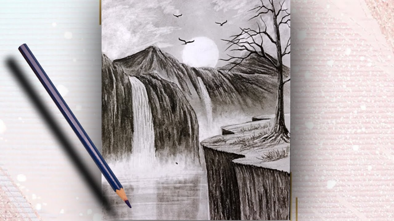 Easy Charcoal Scenery Drawing | Waterfall & Mountain Landscape Tutorial ...