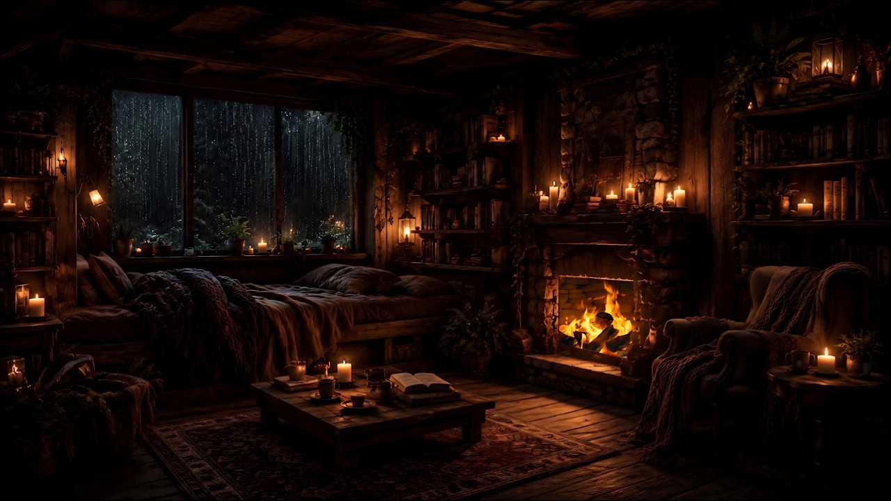 Deep Sleep Rain & Thunder Sounds 🌧️🔥 Crackling Fireplace in a Cozy ...