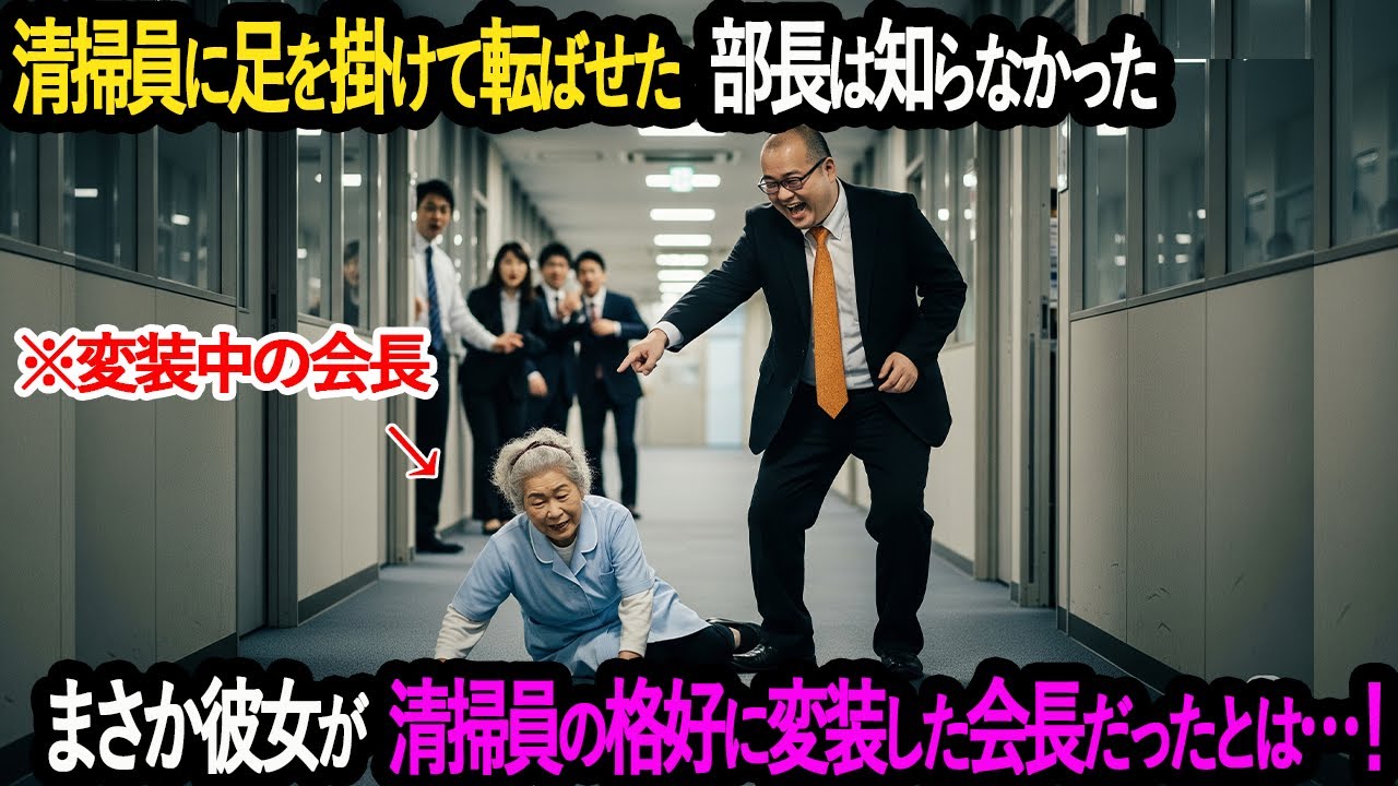 清掃員のお婆さんに足を掛けて転ばせた部長。彼は知らなかった、まさかそのお婆さんが清掃員の格好に変装した会長だったとは…！