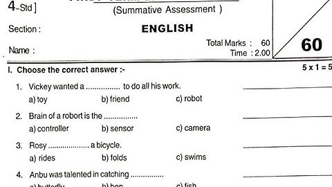 4th Std English Quarterly Exam Question Paper / 2024 / Previous Year Questions