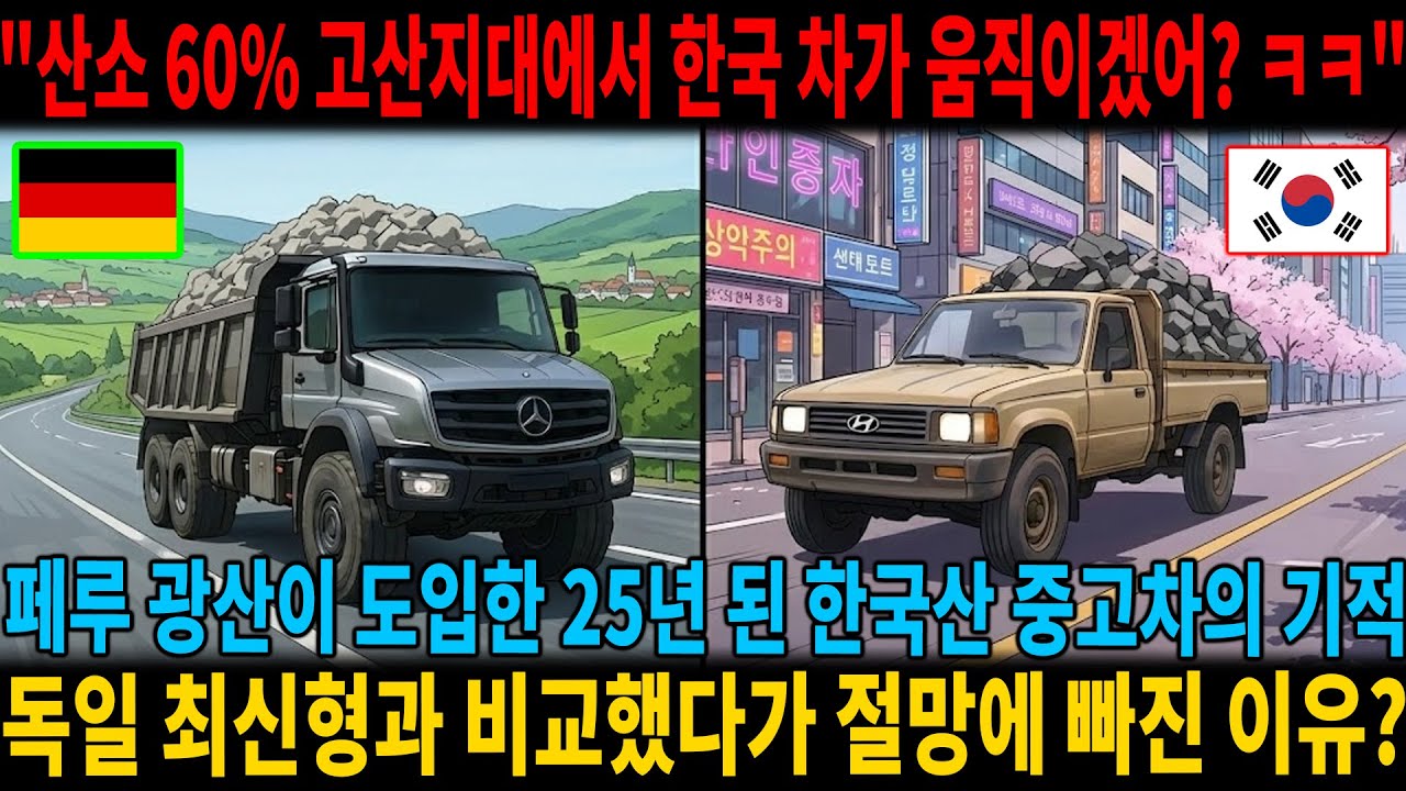 【해외 반응】「한국 차가 고산지대에서 움직이겠어? ㅋ」 페루 광산이 독일제 최고급 트럭과 한국산 현대 트럭을 도입한 결과