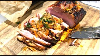 Gammon Steak with Crispy Spinach and Stuffed Peppers - how to cooked caramelised grilled gammon