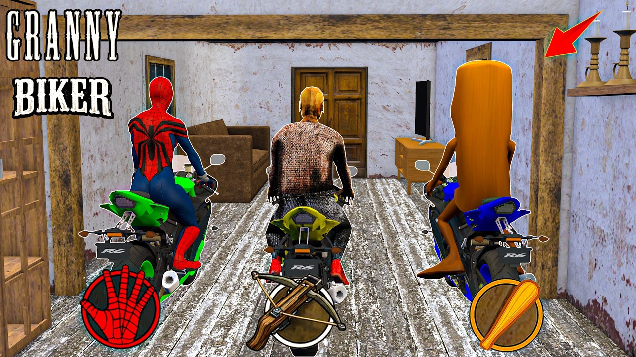 Playing as SpiderMan x Granny x Grandpa x Labubu Baby Team rides a motorcycle in Granny House