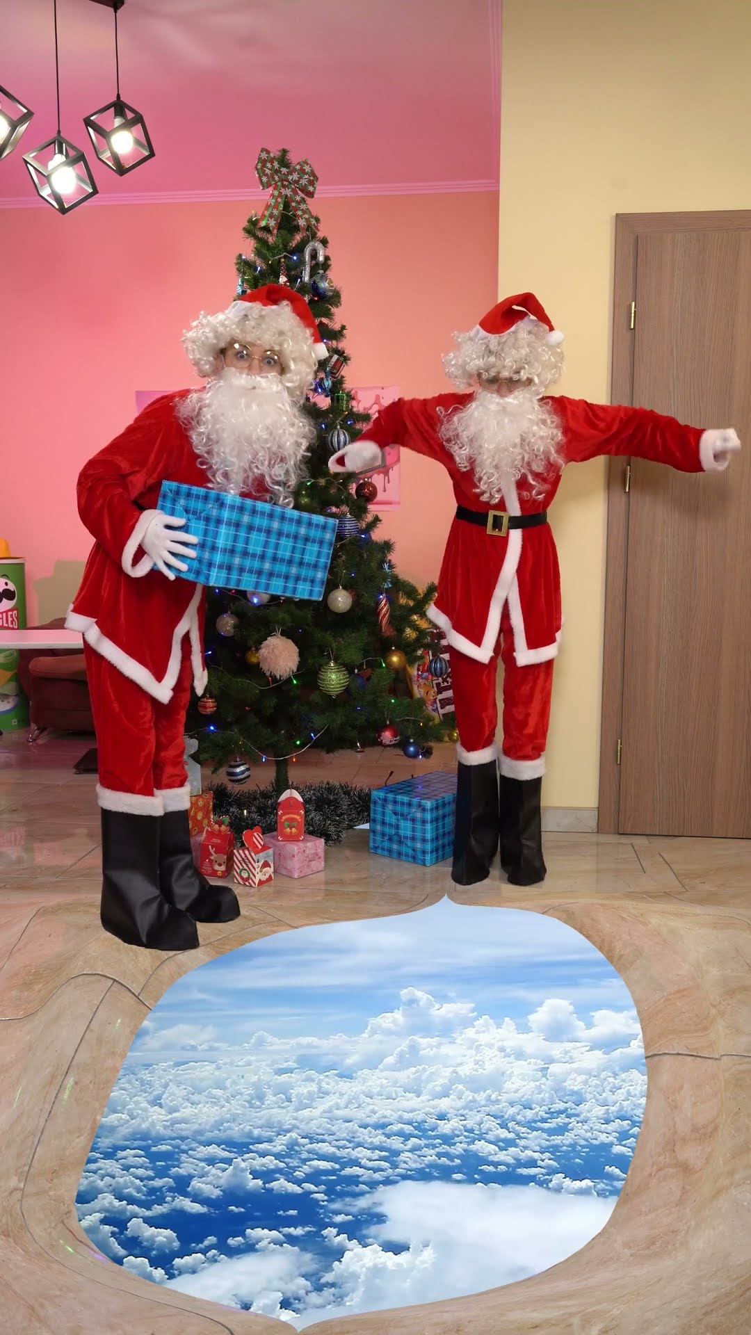 Santa Claus cut the window to see clouds.   Fun special effects. Popular recommend