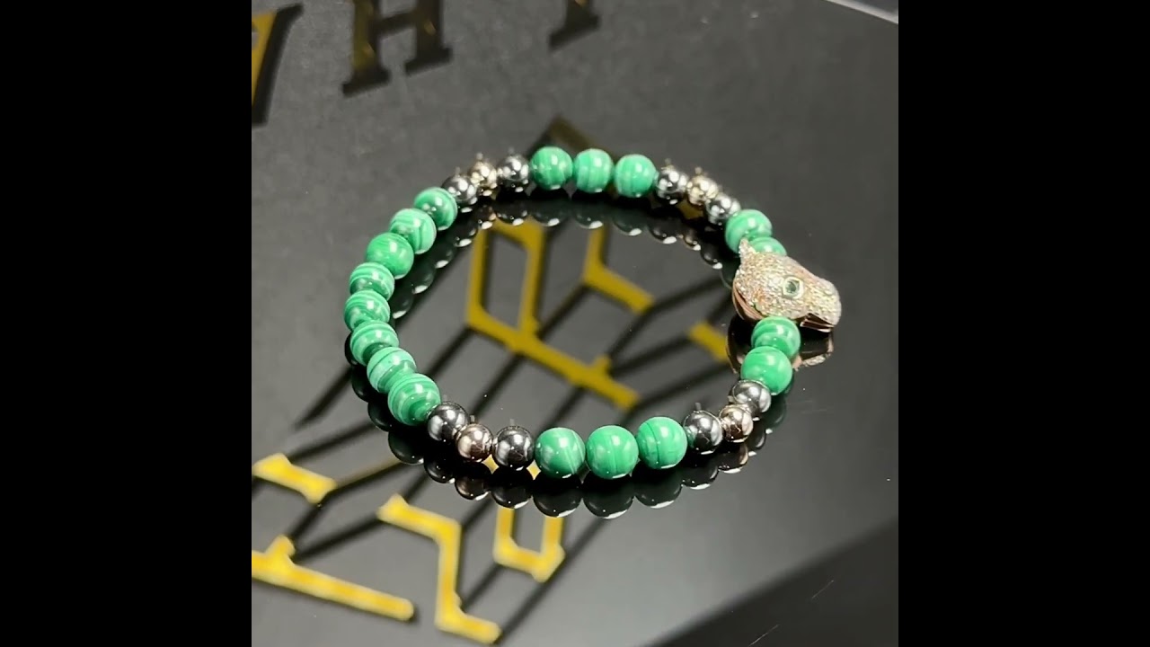 Vòng Tay Phong Thuỷ Mệnh Mộc, Thuỷ, Hoả - Đầu Báo Leopard Emerald mix đá Malachite  By Rajah Jewels