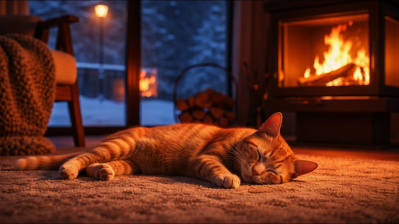 CALM DEEP RELAXATION MUSIC FOR CATS 🐱 WARM WINTER ATMOSPHERE WITH FIREPLACE HELPS FEEL COMFORTABLE 💤