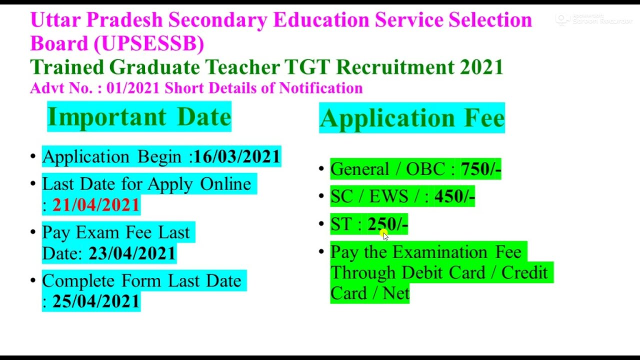 UPSESSB UP TGT Recruitment 2021 Online Form