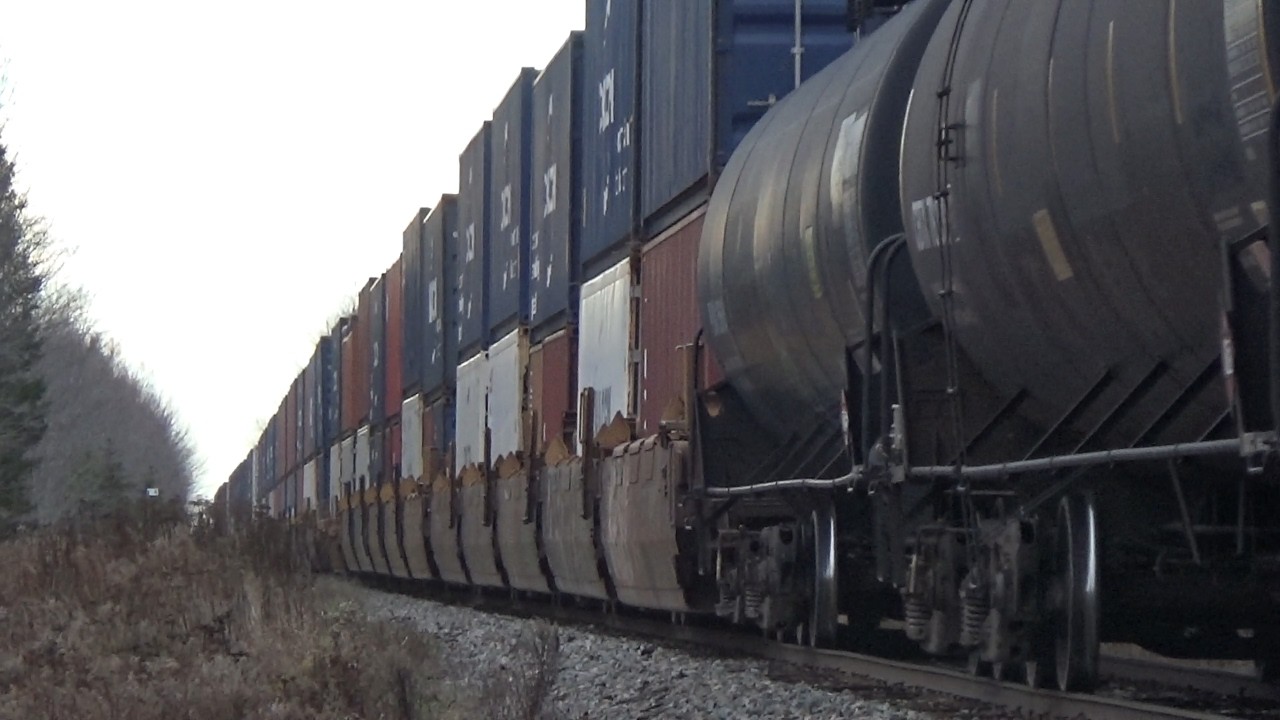 Three Engines Bring a Big Manifest Train CN 594 West w/Containers Up to Speed at Allison, NB