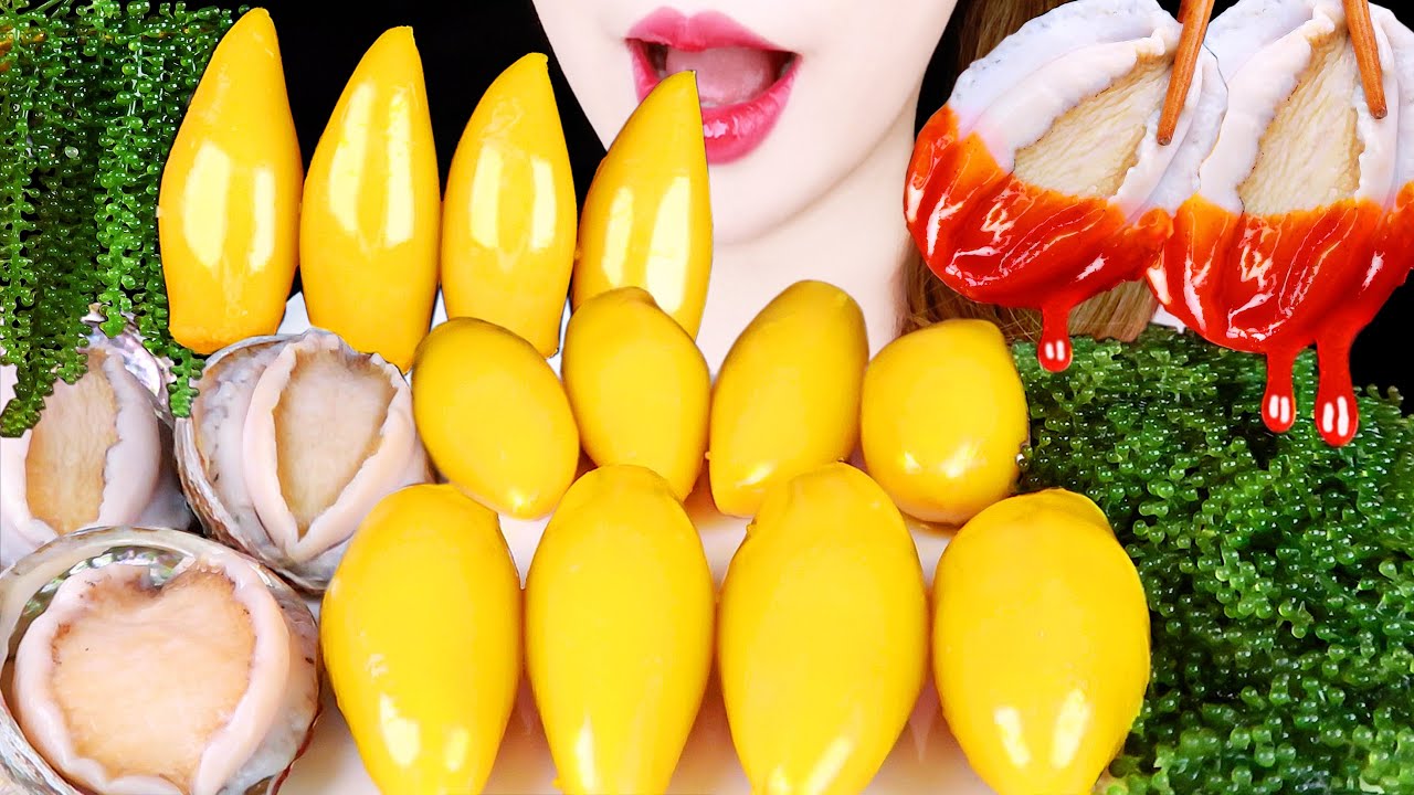 ASMR FISH ROE IN SQUID, RAW ABALONE, SEA GRAPES EATING SOUNDS MUKBANG 열빙어알을 품은 한치, 전복회, 바다포도 먹방 咀嚼音