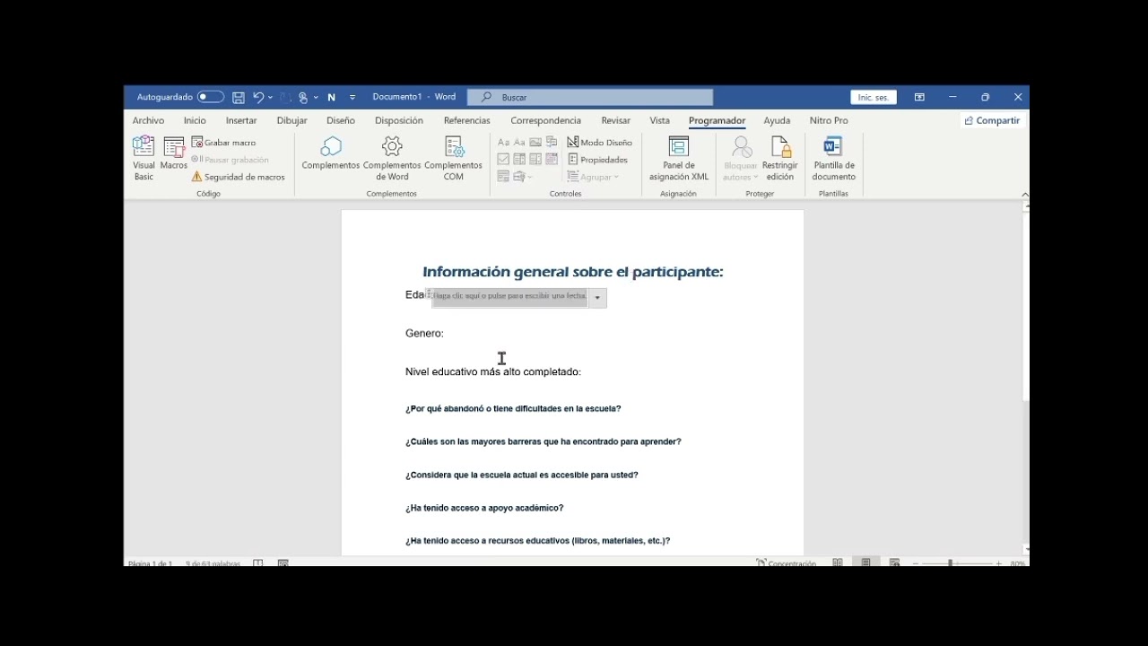 Elaboración de un formulario rellenable en Word.