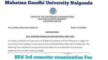 Mahatma Gandhi University Nalgonda BEd III sem Regular Fee Notification April 2022 ExamFee Last Date