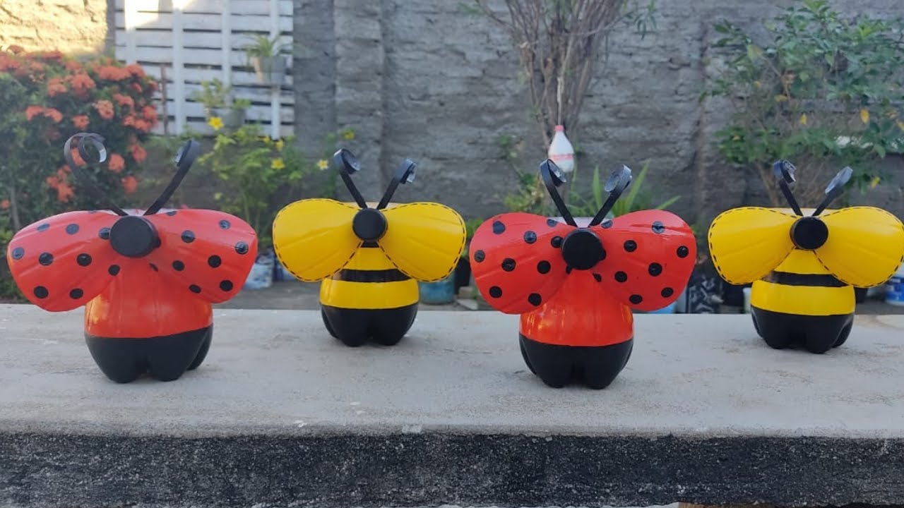 DIY - Artesanato com GARRAFA PET/para jardim/ Decoração e reciclagem/ Joaninha e Abelha