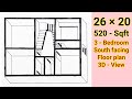 26 × 20 House plan | South facing | 520 sqft | 3 Bedroom | 3D view | 26 * 20 Floor plan