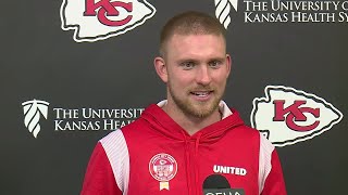 Quarterback Shane Buechele talks to the media ahead of the Chiefs final preseason game