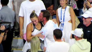 Aryna Sabalenka celebrates winning her US O P E N trophy with her team and gives Boyfriend Kiss 💋