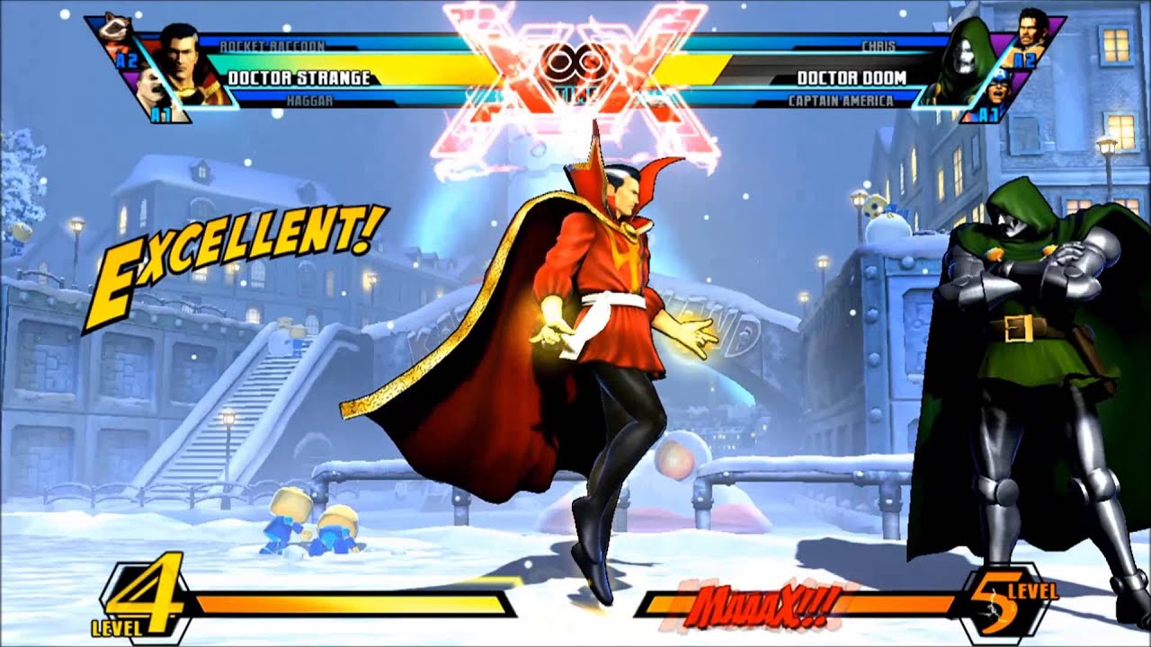 A very unusual duo: Dr. Strange and Rocket Raccoon join forces to set up  numerous Flames of the Faltine loops in Ultimate Marvel vs. Capcom 3, image size:1280x720