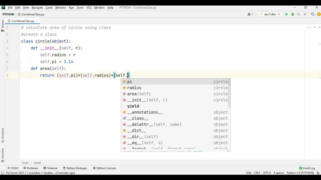 Area of circle using class in python - YouTube