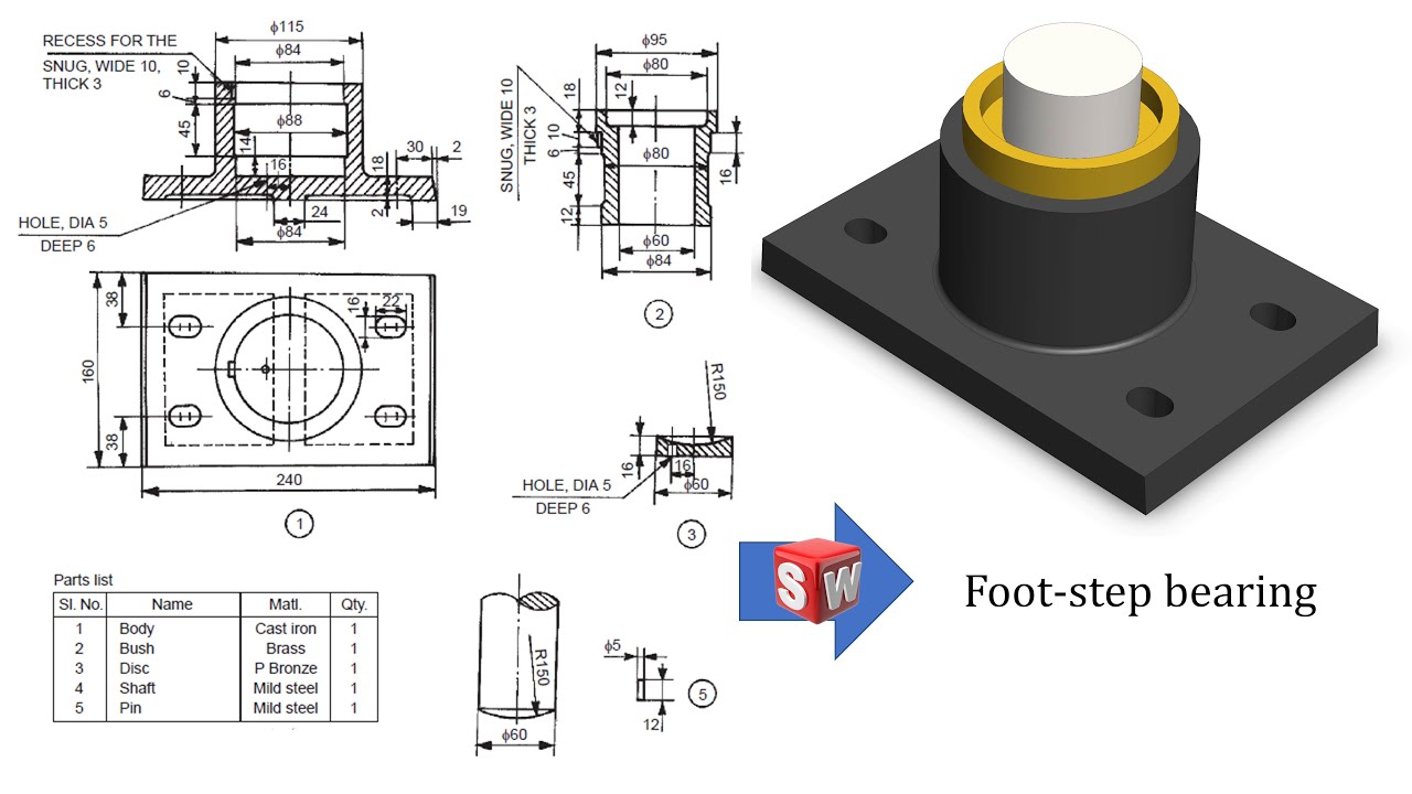 Foot Step Bearing using SOLIDWORKS  Parts and Assembly  SOLIDWORKS tutorials for beginners