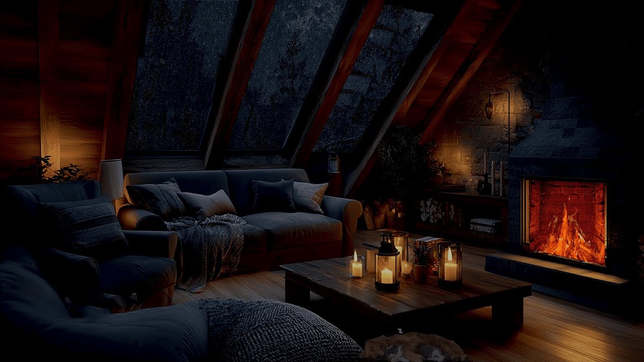 Thunderstorm & Rain with Lightning behind the Mountains, Crackling Fireplace & Sleeping Cats