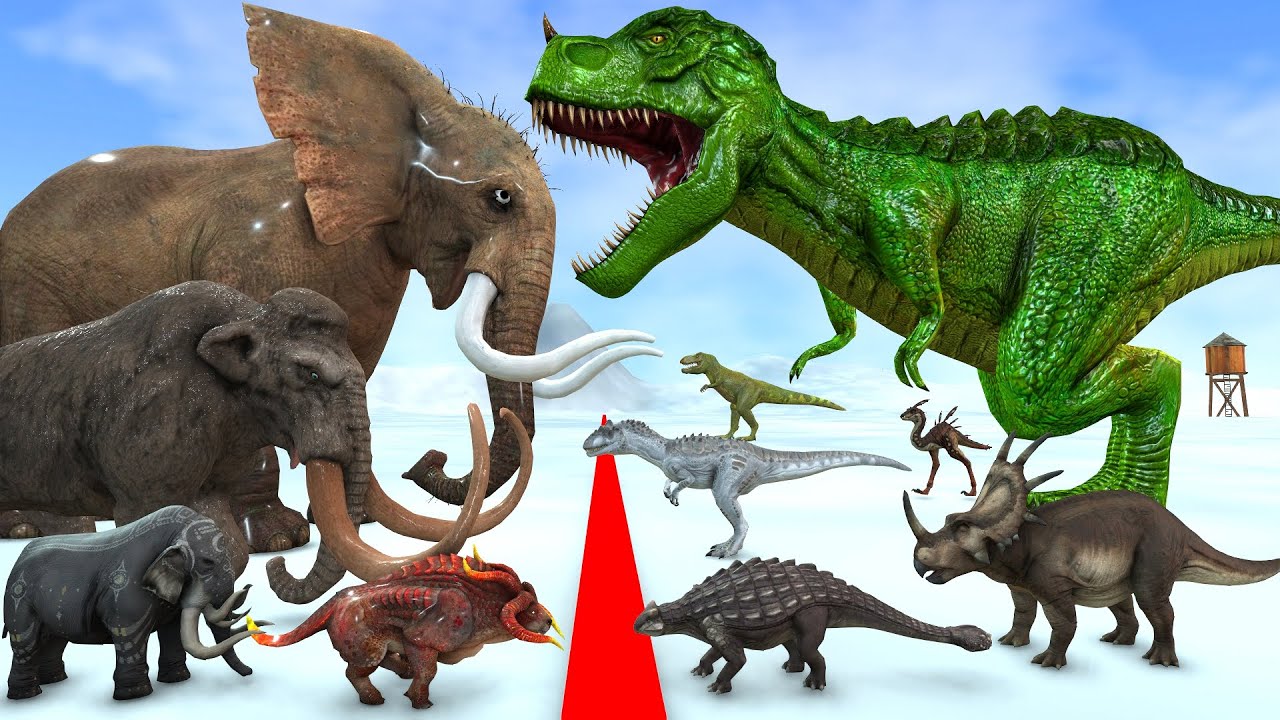 Spidey Elephant Mammoth vs Black Dinosaurs T-Rex Size Comparison Epic Battle Animal Revolt Battle