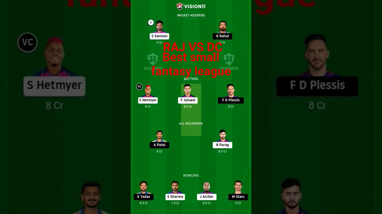 RAJ VS DC BEST SMALL FANTASY LEAGUE 