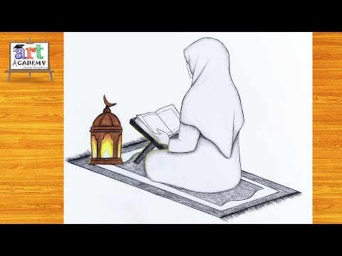 رسم رمضان رسم بنت محجبة تحمل القران خطوه بخطوه للمبتدئين رسم بنات رسم رمضان 2025