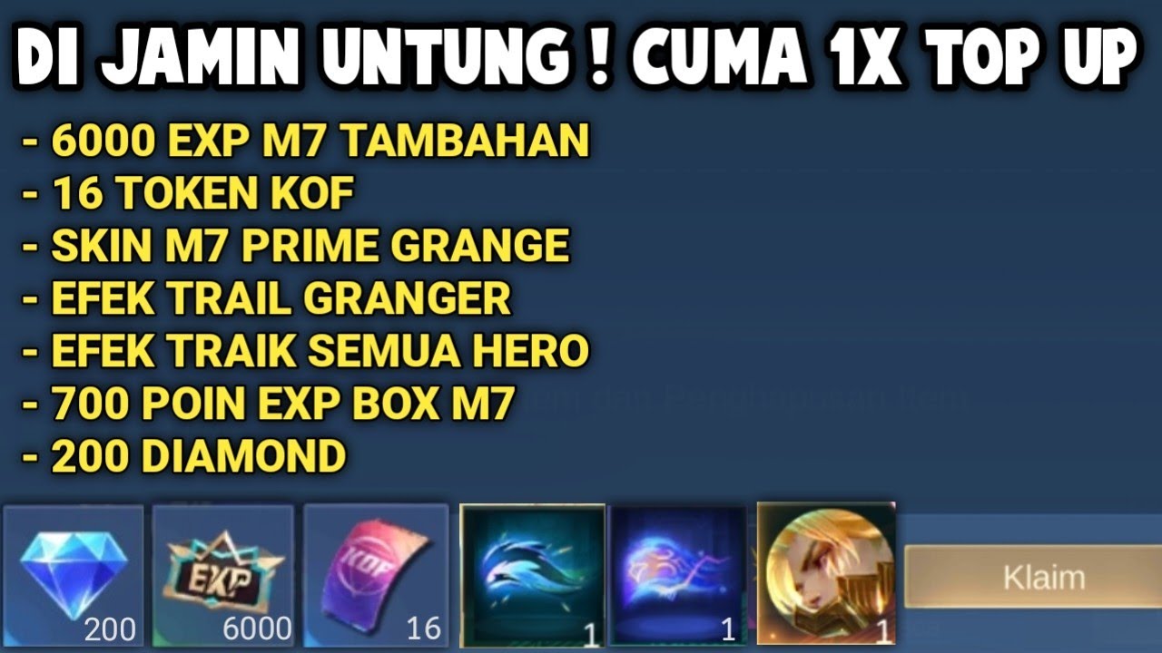 6000 EXP TAMBAHAN, 16 TOKEN KOF, SKIN PRIME GRANGER, EFEK TRAIL SEMUA HERO, 700 POIN EXP & 200 DM !!