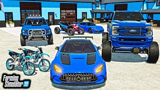 BUILDING "ALL BLUE" LUXURY MANSION! (LIFTED TRUCKS + SUPERCARS) | Farming Simulator 22