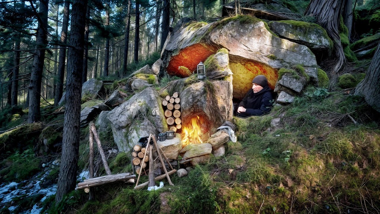 Building a Bushcraft Survival Shelter in a Rocky Cave | Winter Camping ...