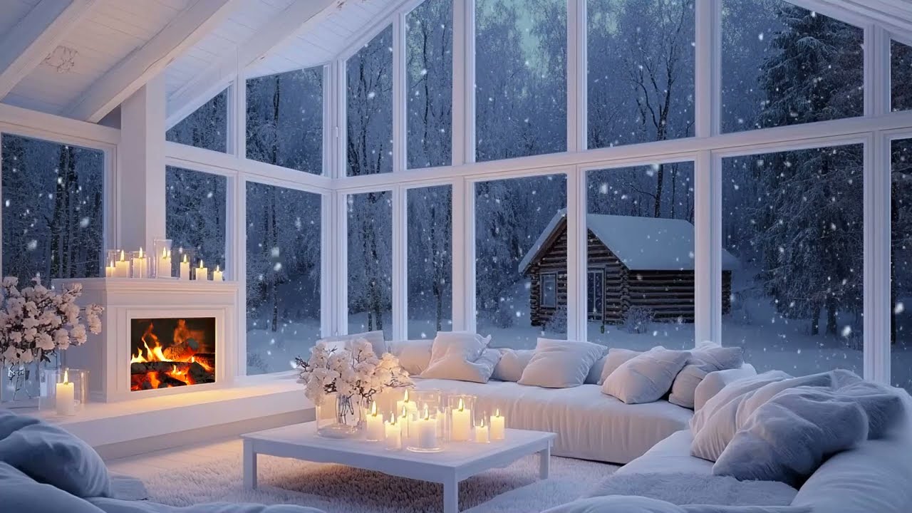 ☃️🎼 Peaceful Winter Piano Lounge Room | Firelight, Snowfall & Flowers | Work Study Deep Focus