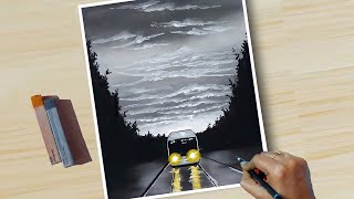 Soft Pastel Drawing - How To Draw Realistic 😱 Cloudy Roadways (step by step) Tutorial Black & White screenshot 2