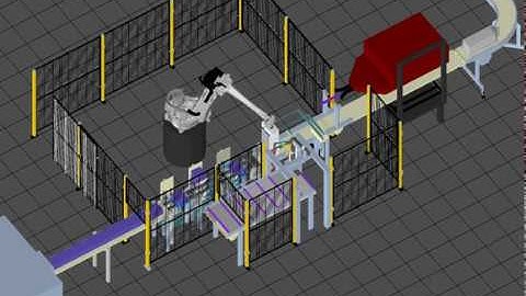 Off-line programming (3D simulation) with "Sim3d" (ROBOSIM PRO) of a packaging application (CAMAU)