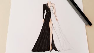 تصميم أزياء | تعلم رسم فستان سهل بالخطوات للمبتدئين | how to draw a beautiful dress for beginners